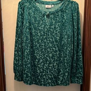 Kim Rogers Green Velvet Burnout Keyhole Long-Sleeve Top